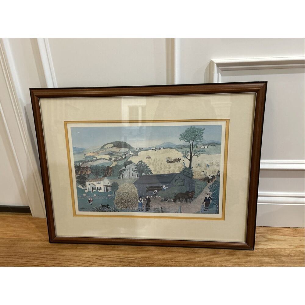 Grandma Moses “Harvest time” Print Lithograph Framed Antique Wood Frame​